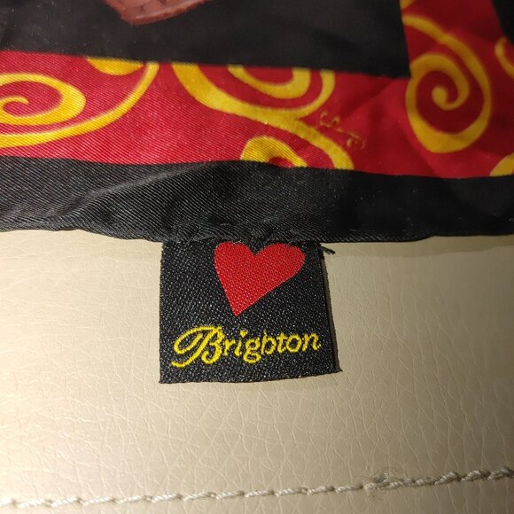 Brighton Scarf Purse Wrap Silk Accessories Design Red Yellow Border Signature - Picture 3 of 10
